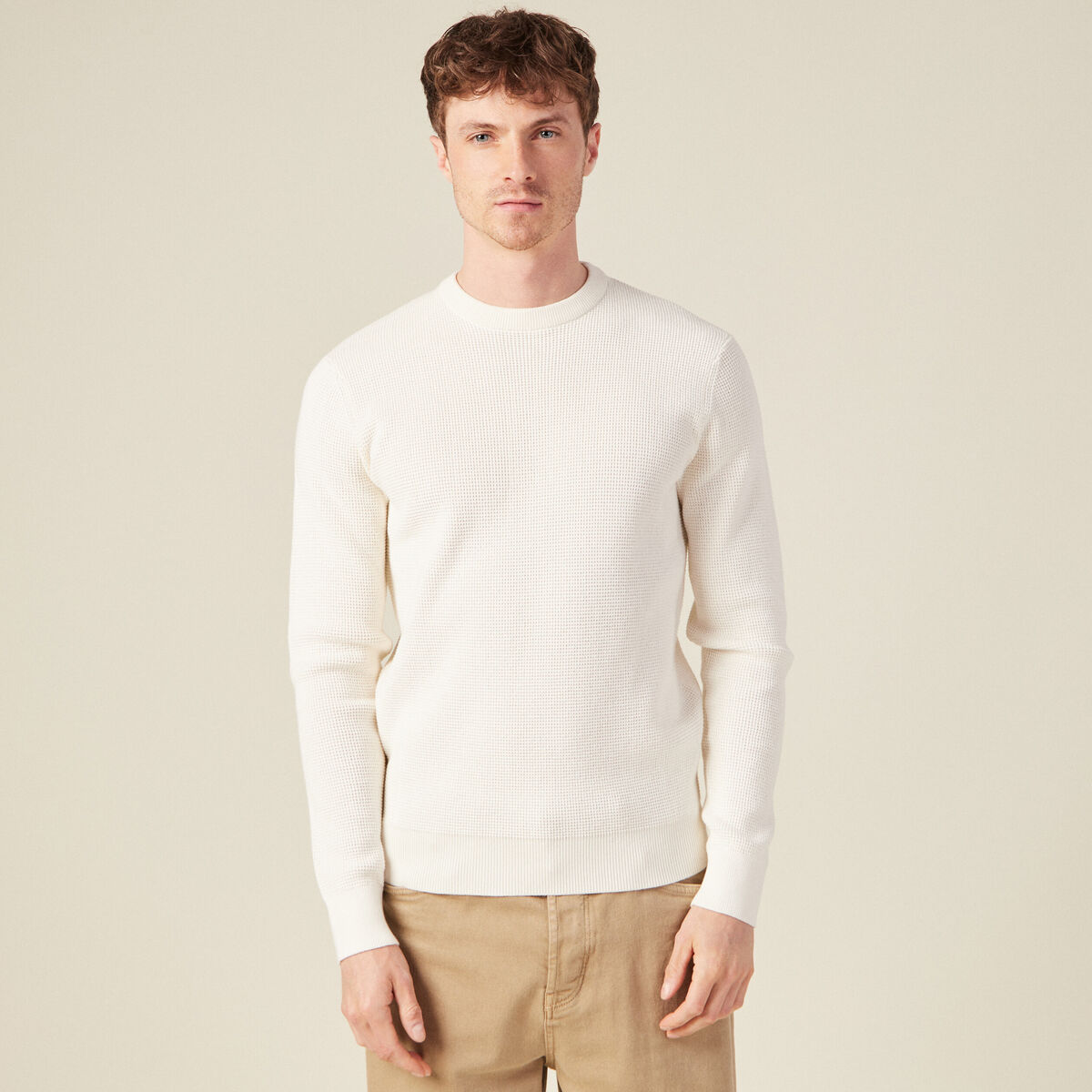 Pull manches longues col rond ecru homme