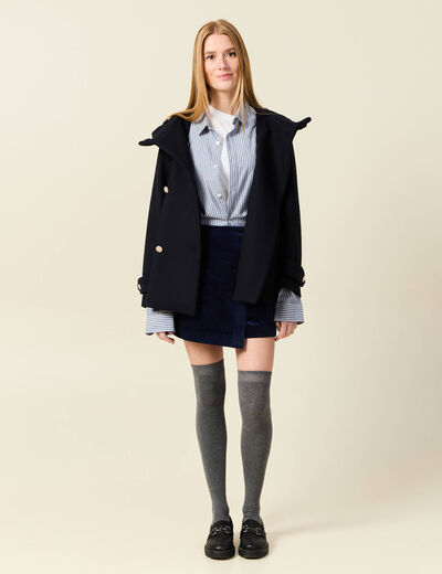 Caban oversize court &agrave; capuche bleu fonc&eacute; femme