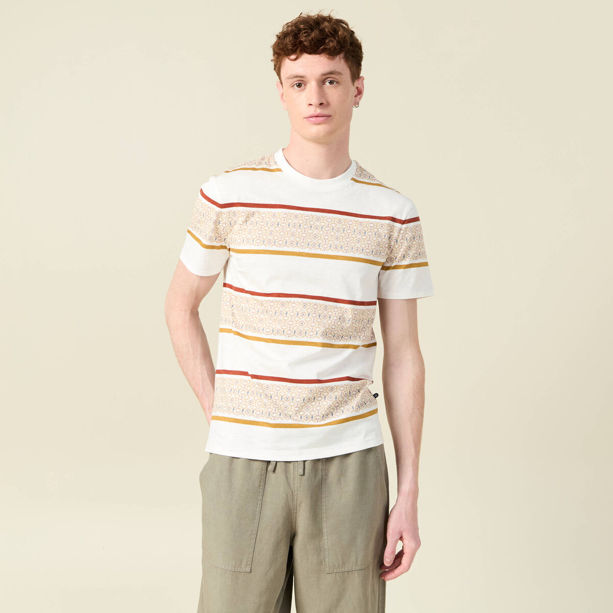 T-shirt ray&eacute; col rond manches courtes ecru homme