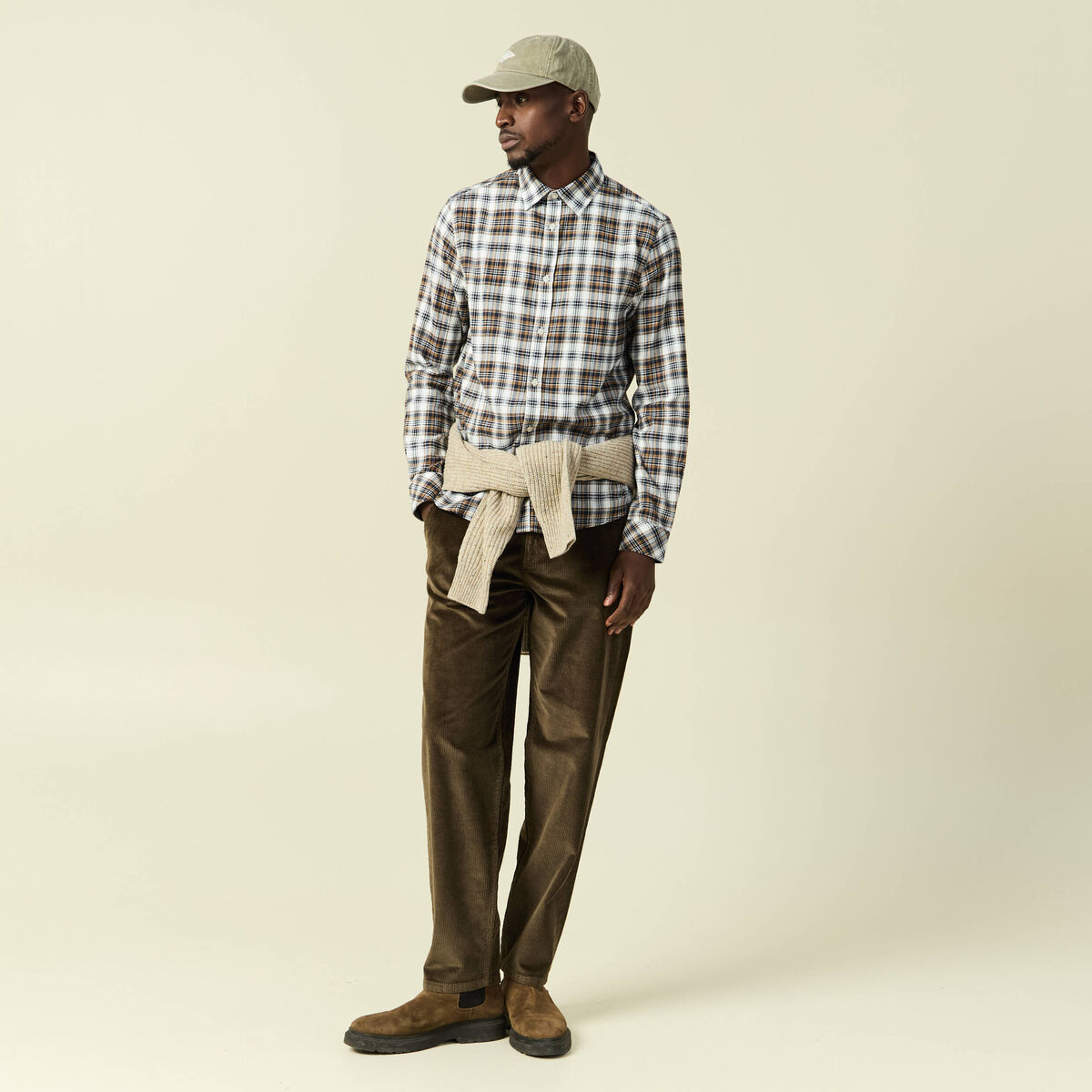 Chemise manches longues en coton vert kaki homme