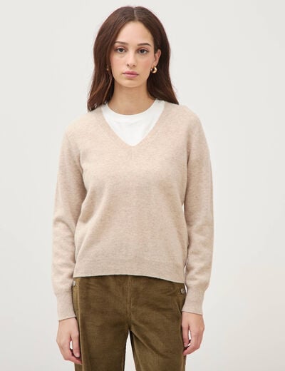 Pull droit col v manches longues creme femme