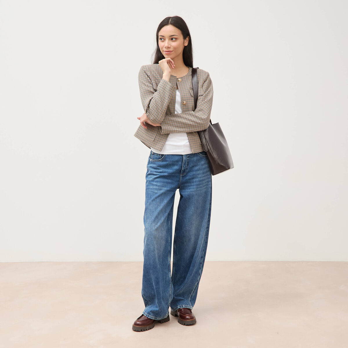 Veste &agrave; carreaux manches longues marron femme