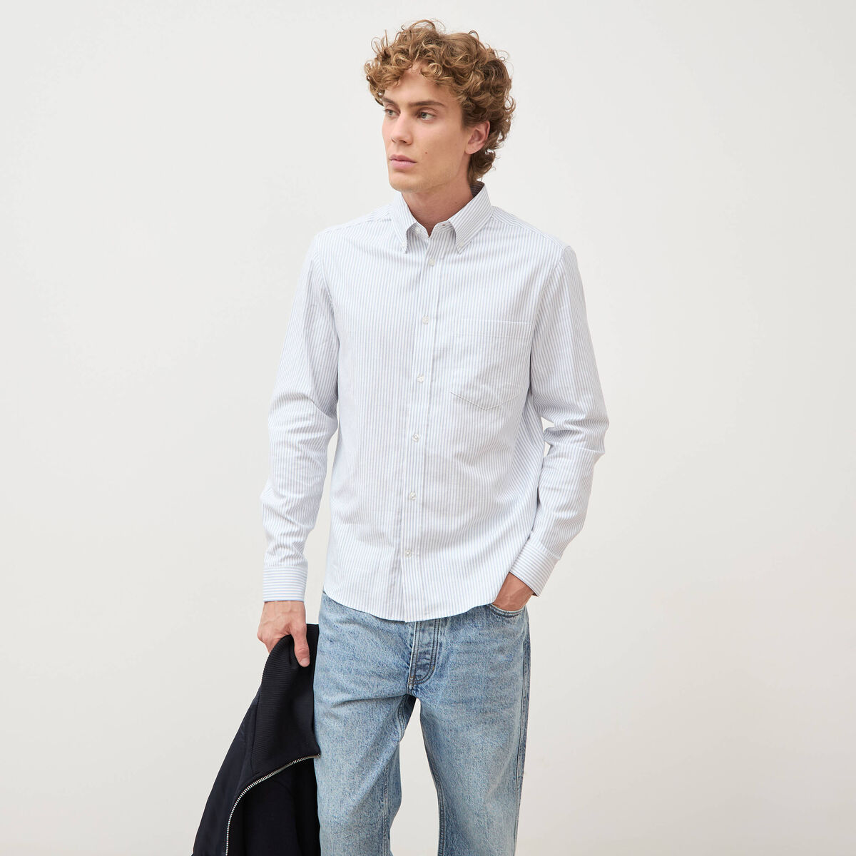 Chemise manches longues col am&eacute;ricain bleu gris homme