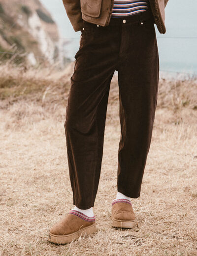 Pantalon barrel taille haute velours marron femme