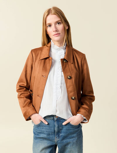 Veste manches longues col classique camel femme