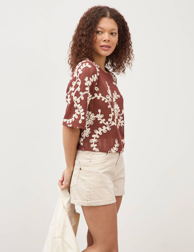 T-shirt brod&eacute; col rond manches 3/4 marron cognac femme