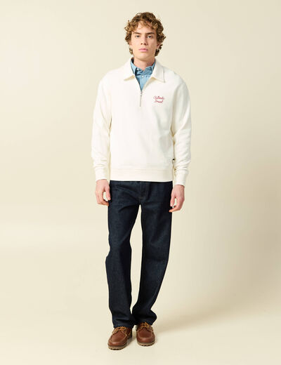 Sweat manches longues col zipp&eacute; en coton ecru homme