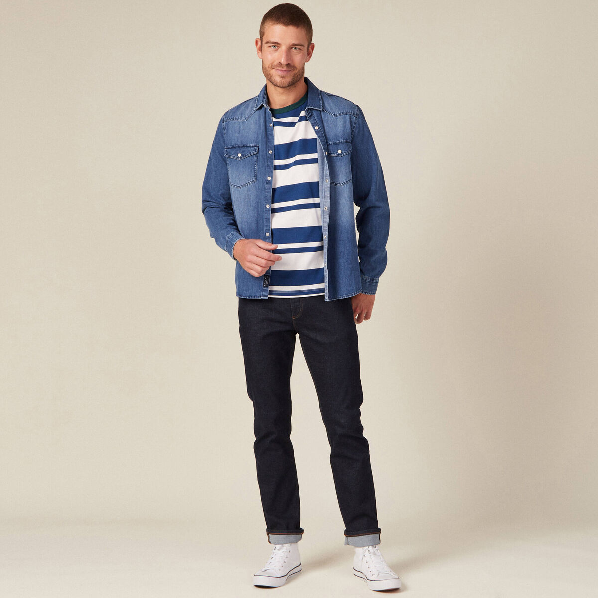 T-shirt ray&eacute; col rond manches courtes ecru homme