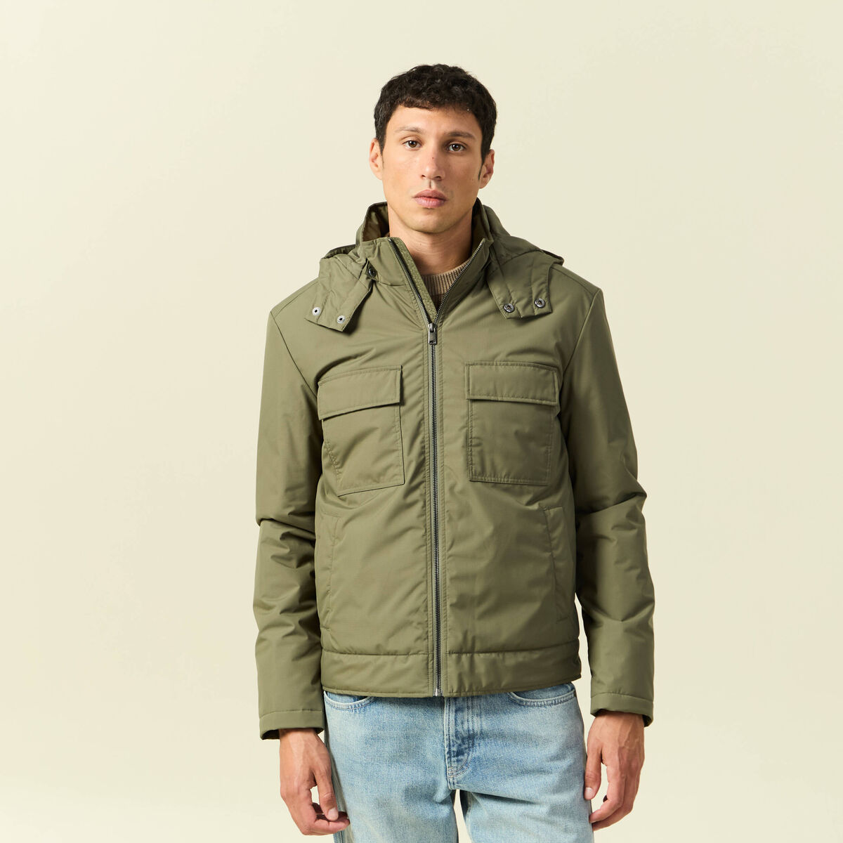 Blouson capuche doublure vert kaki homme
