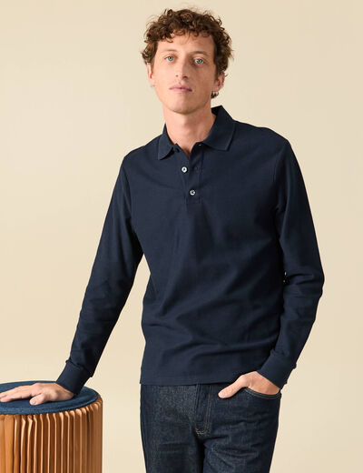 Polo manches longues en coton bleu marine homme