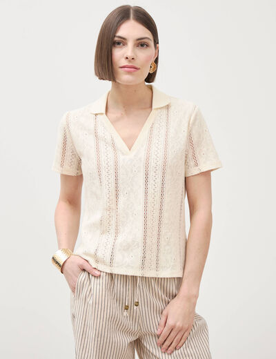 Polo ajust&eacute; manches courtes dentelle ivoire femme