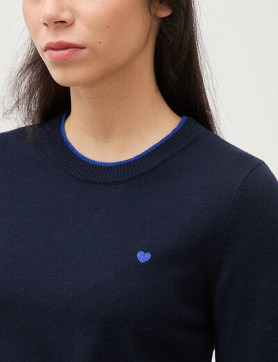 Pull fin col rond manches longues bleu fonc&eacute; femme