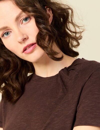 T-shirt col rond manches courtes marron femme