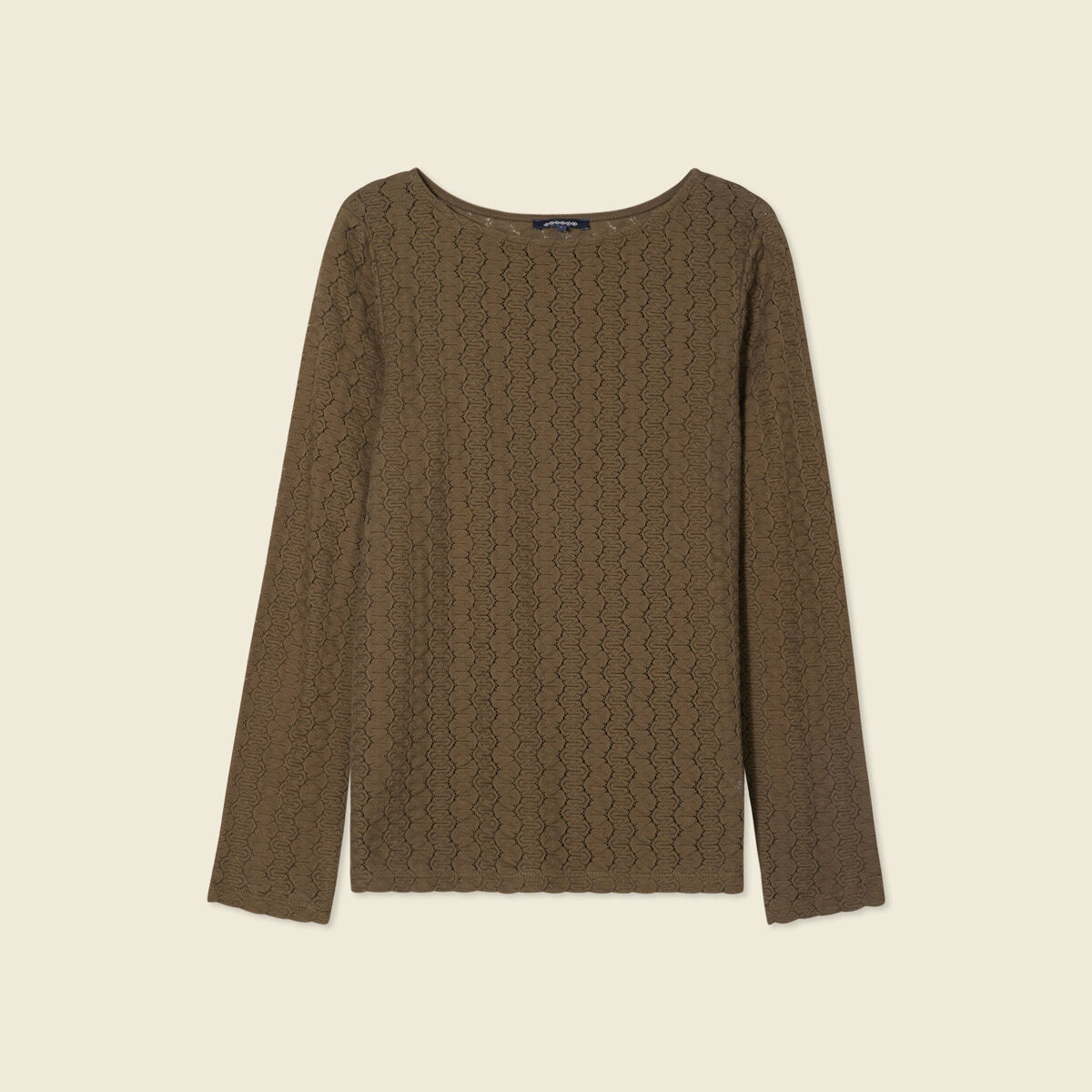 T-shirt manches longues ajouré vert kaki femme