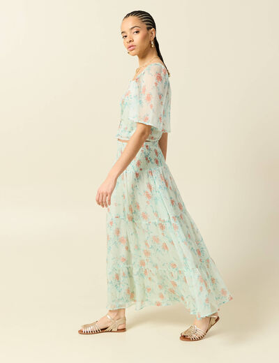 Jupon taille haute doubl&eacute; fluide vert pastel femme