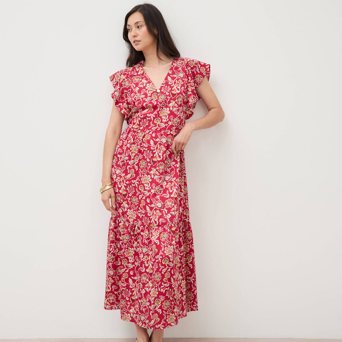 Robe fluide col v manches courtes rouge cerise femme