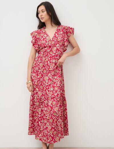 Robe fluide col v manches courtes rouge cerise femme