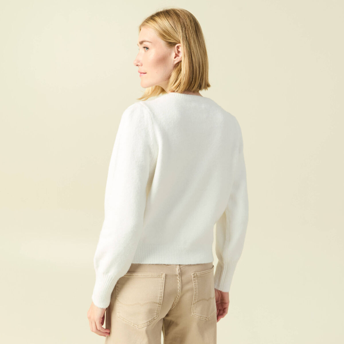 Pull manches longues col rond ecru femme