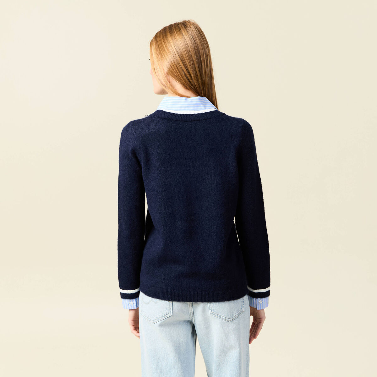 Pull manches longues 2-en-1 bleu fonc&eacute; femme