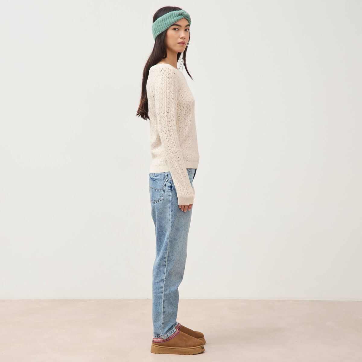 Pull manches longues col bateau creme femme