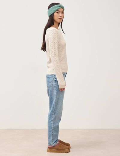 Pull manches longues col bateau creme femme