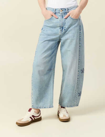 Jeans slouchy brodé 7/8ème denim bleach femme