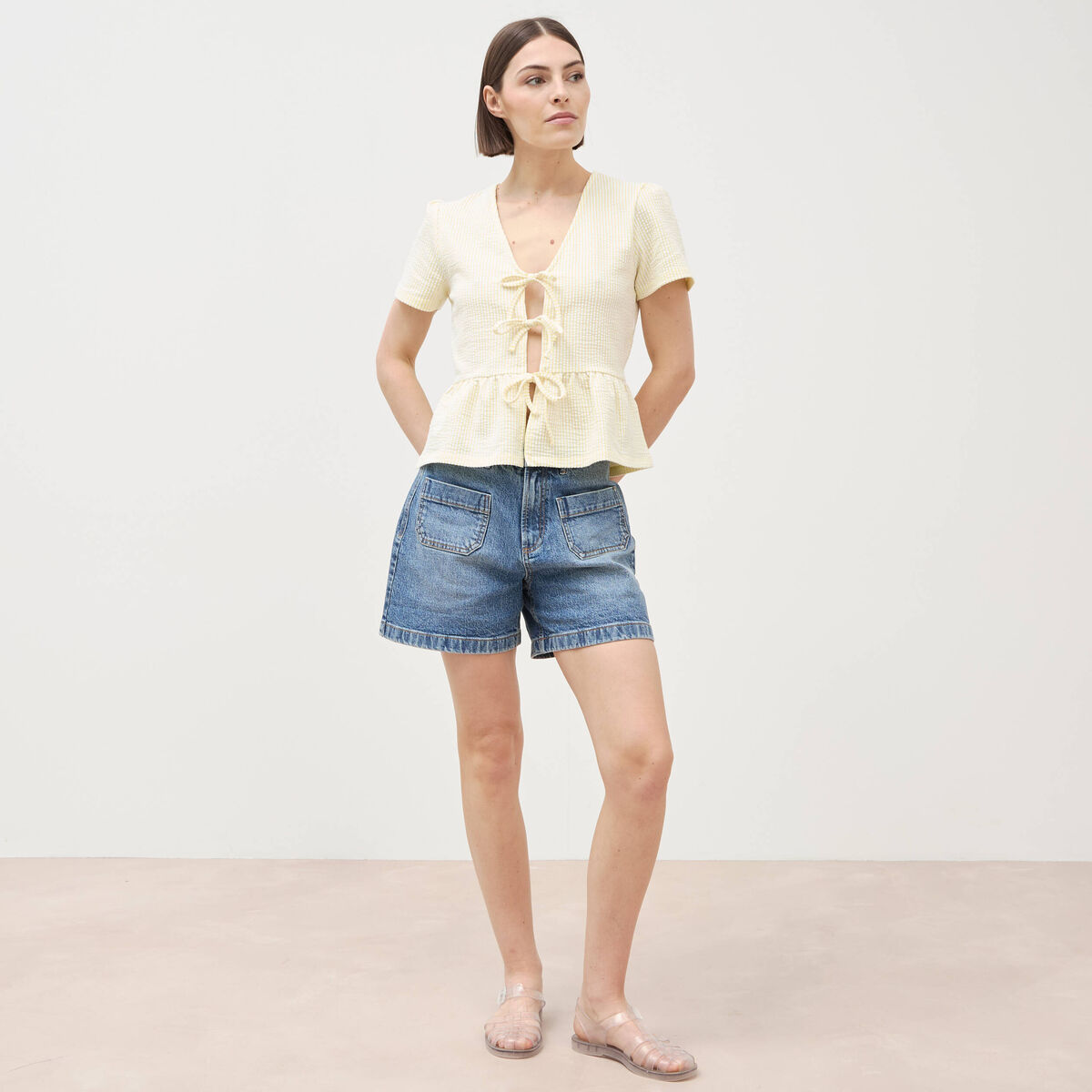 Blouse manches courtes jaune pastel femme