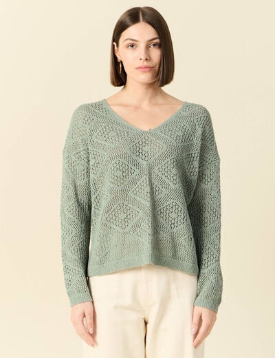 Pull manches longues ajouré vert kaki femme