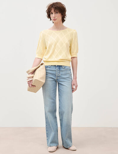 Pull ajour&eacute; droit court manches courtes jaune clair femme