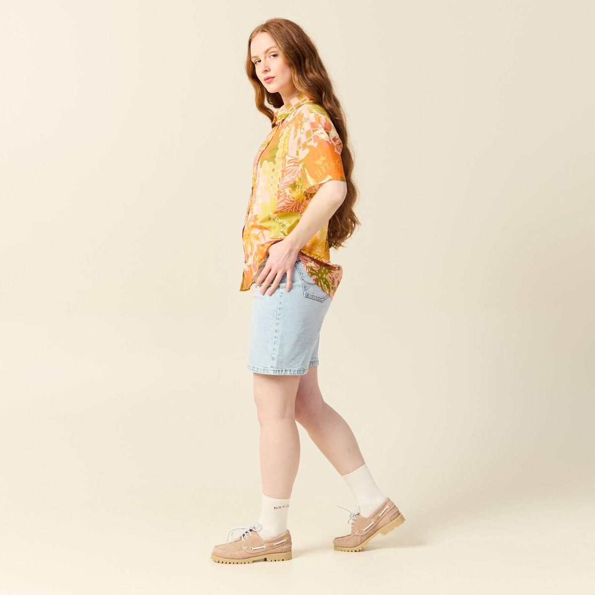 Chemise manches courtes orange corail femme