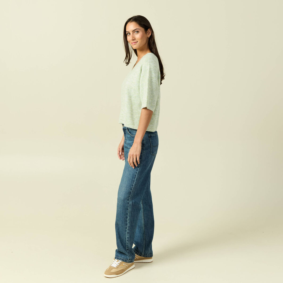 Pull col v manches 3/4 vert femme