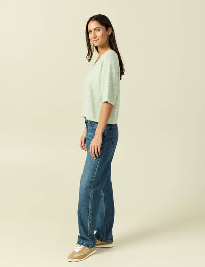 Pull col v manches 3/4 vert femme