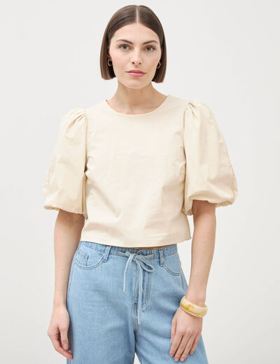 Top droit court manches bouffantes ivoire femme