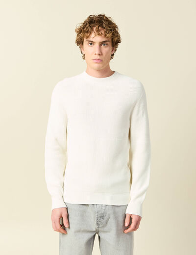 Pull col rond manches longues en coton ecru homme
