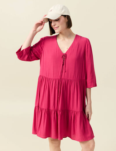 Robe évasée manches 3/4 rose framboise femme