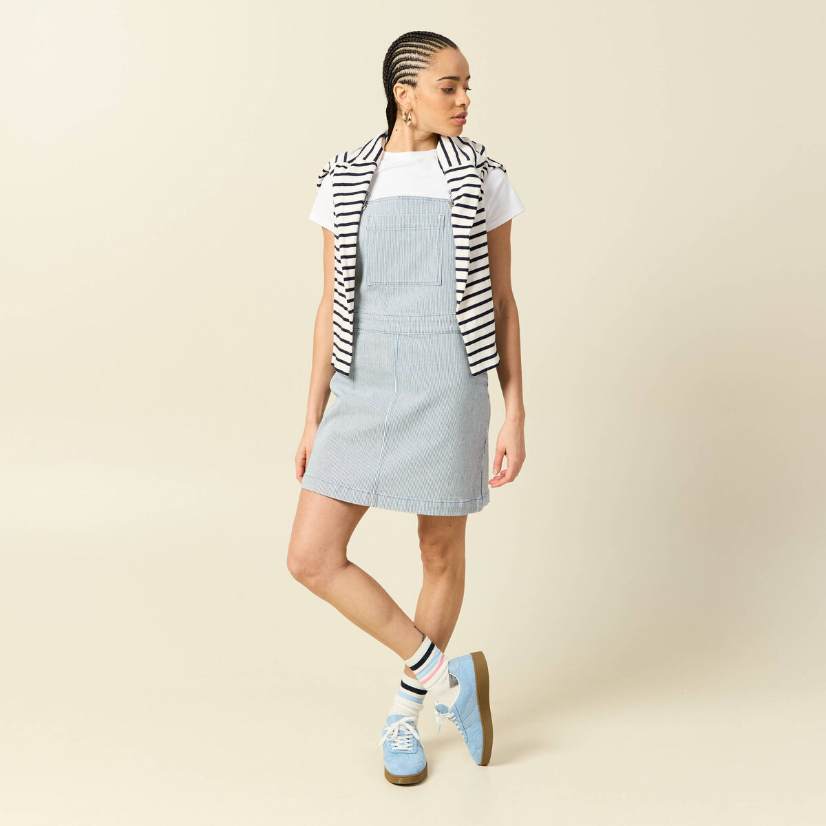 Robe en jeans &agrave; bretelles col carr&eacute; bleu marine femme