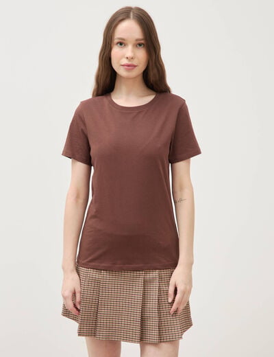 T-shirt cintr&eacute; col rond manches courtes marron fonc&eacute; femme
