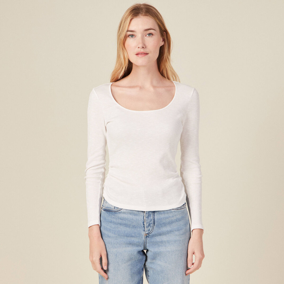 T-shirt manches longues côtelé ecru femme