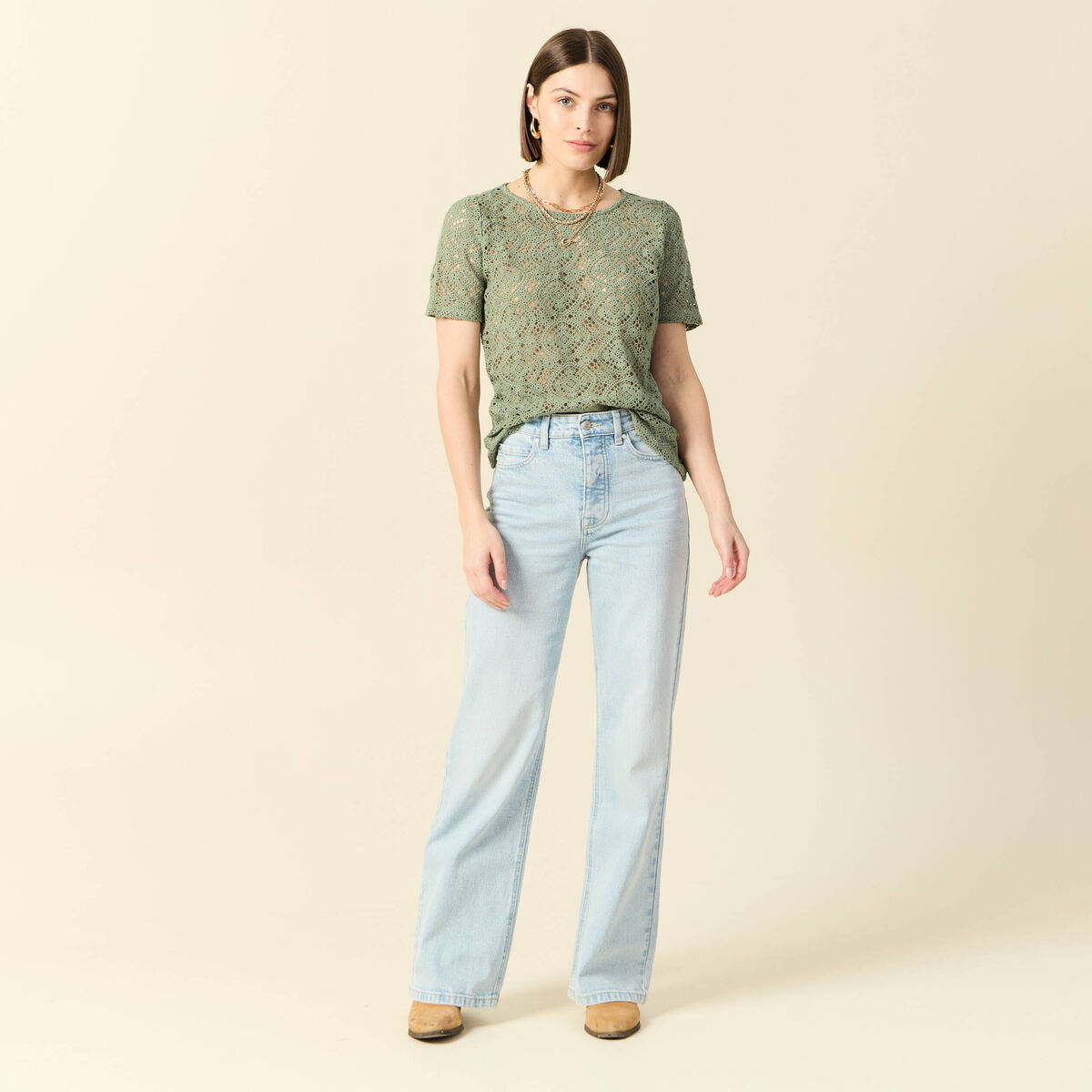 T-shirt manches courtes vert kaki femme