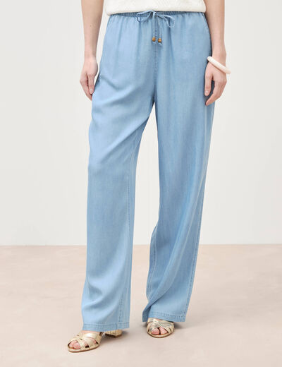 Jeans taille &eacute;lastique coupe droite denim bleach femme