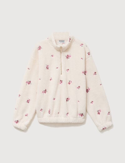 Sweat bouclette sherpa col montant ivoire femme