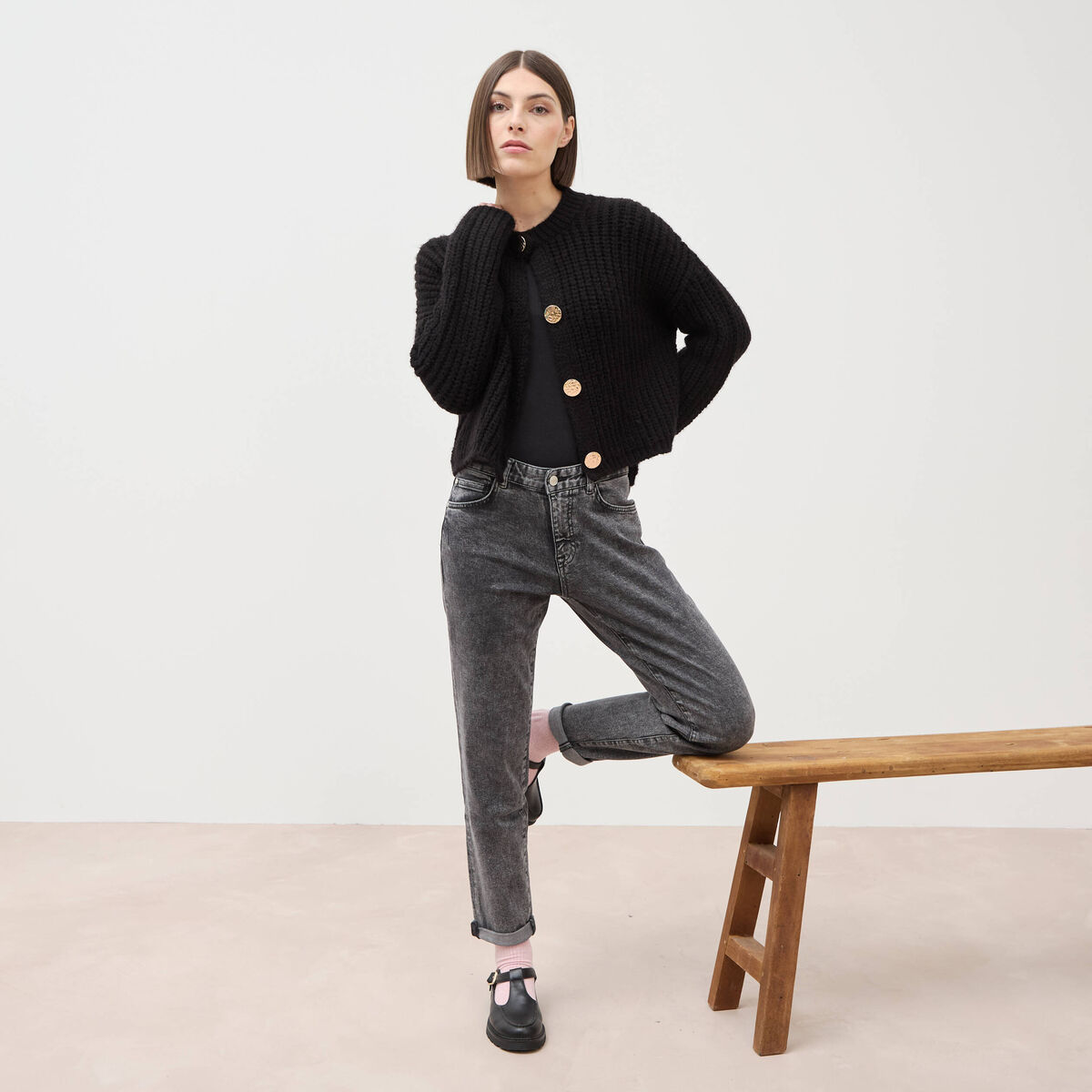 Jeans girlfriend 5 poches denim snow gris femme
