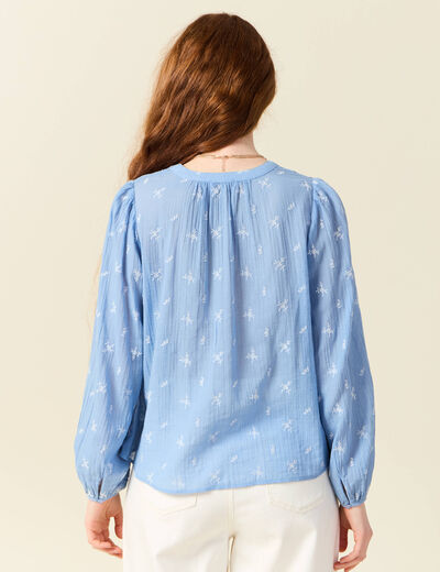 Blouse manches longues brodée bleu ciel femme