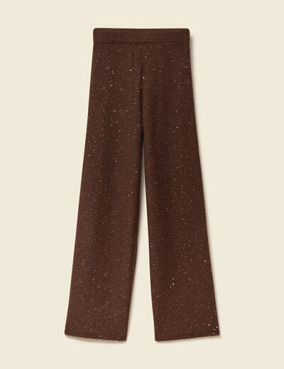 Pantalon large taille haute en maille marron fonc&eacute; femme