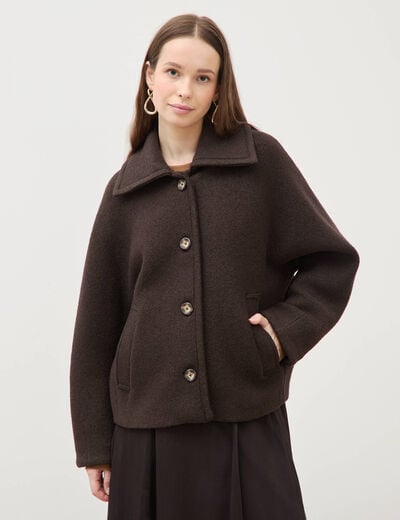 Manteau oversize court col tailleur marron fonc&eacute; femme