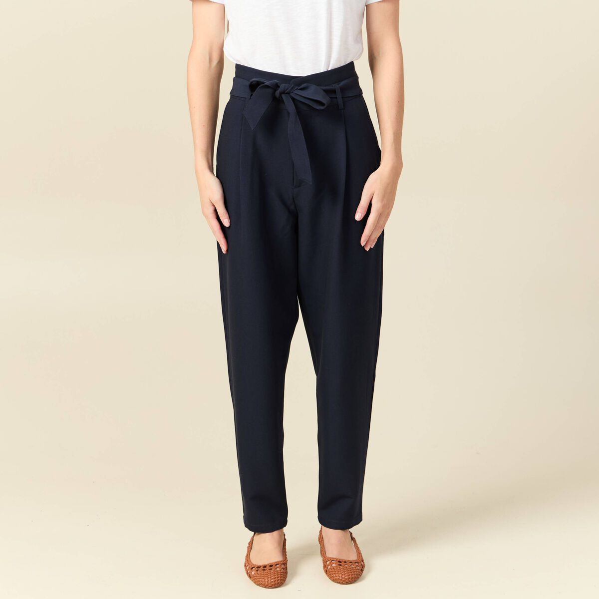 Pantalon carotte taille haute bleu marine femme
