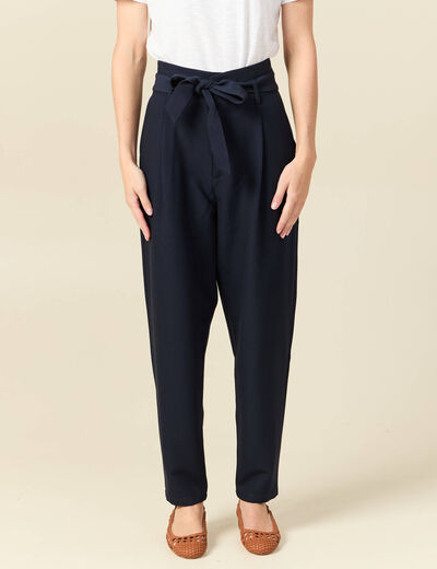 Pantalon carotte taille haute bleu marine femme