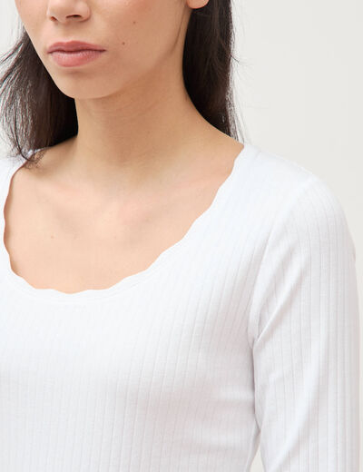 T-shirt ajust&eacute; col rond manches longues blanc femme