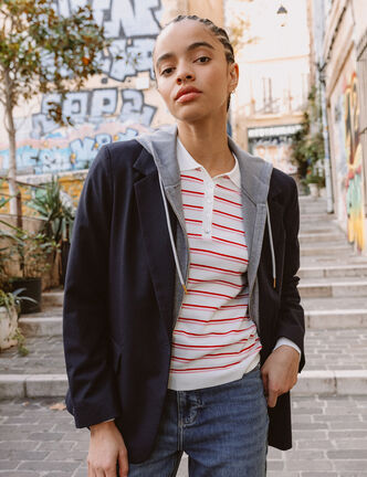 Blazer manches longues col tailleur bleu marine femme