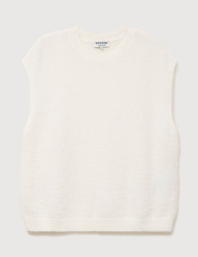 Pull droit court sans manches col rond ecru femme